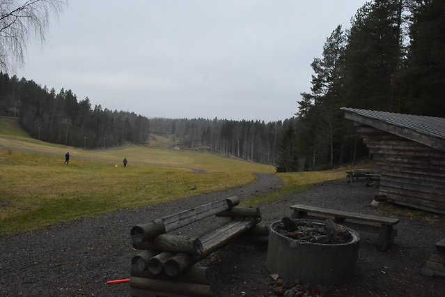 Öppen
parkmiljö med gångväg, eldstad och bänkar, omgiven av skog och sluttande
terräng, innan åtgärder genomfördes.