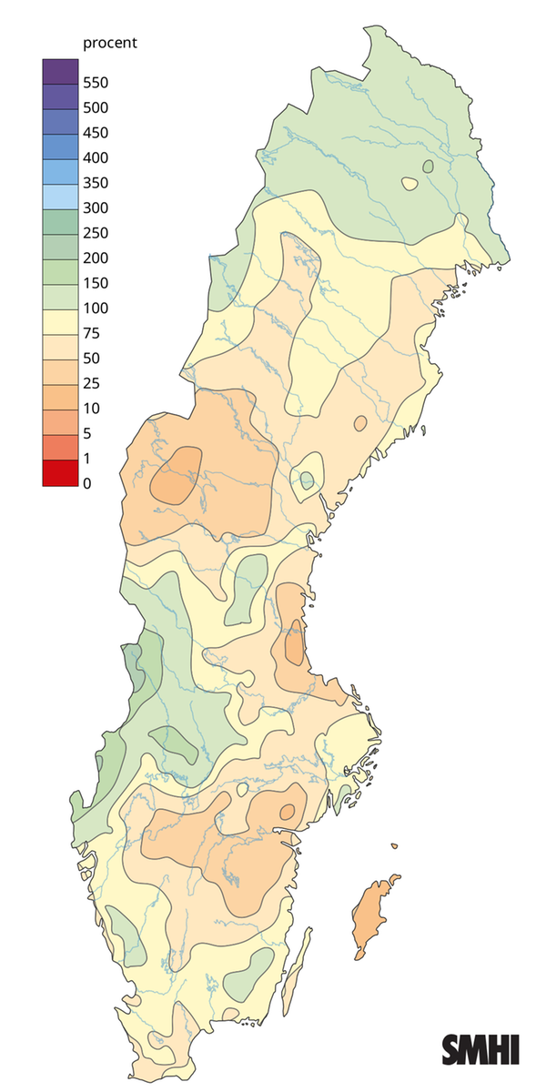 Nederbörden i procent av normalperioden 1991-2020 för mars 2026.