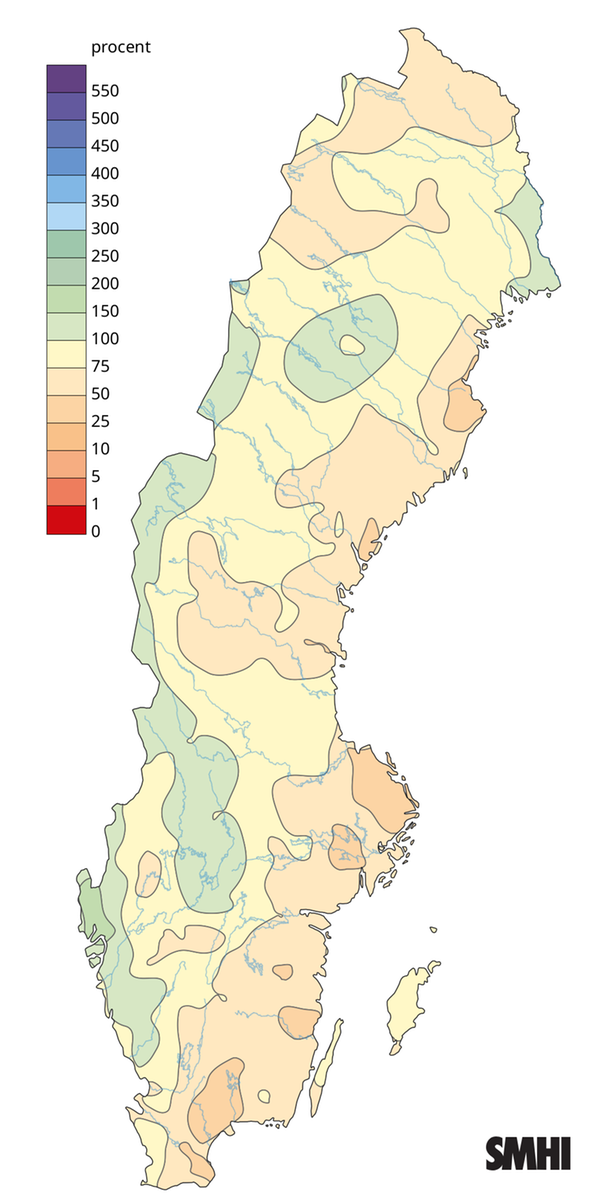 Nederbörden i procent av normalperioden 1991-2020 för november 2025.
