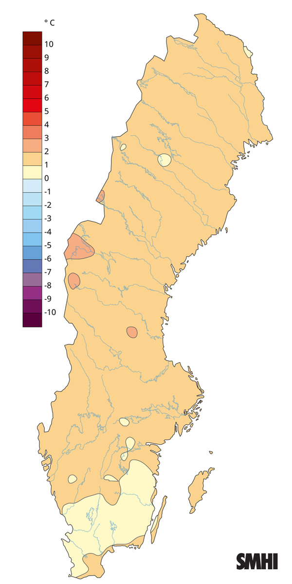 Medeltemperaturens avvikelse från normalperioden 1991-2020 för hösten 2025.