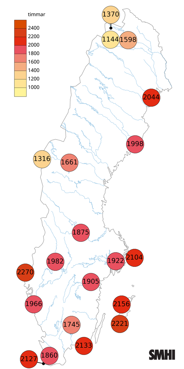 Sverigekarta som visat antal soltimmar under året 2025.