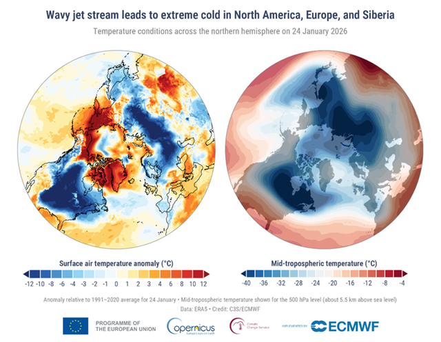 Nordpolens vy av temperaturförhållandena över norra halvklotet den 24 januari 2026.