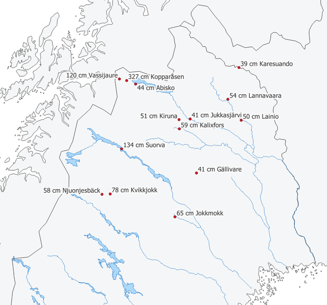 Karta som visar största snödjup för stationer i nordligaste Sverige den 24-28 februari 1926