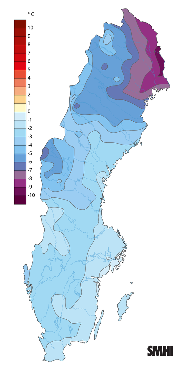 Medeltemperaturens avvikelse från normalperioden 1991-2020 för januari 2026.