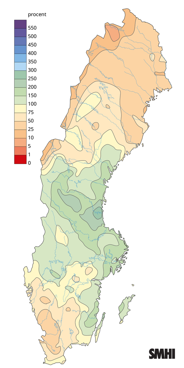 Nederbörden i procent av normalperioden 1991-2020 för januari 2026.