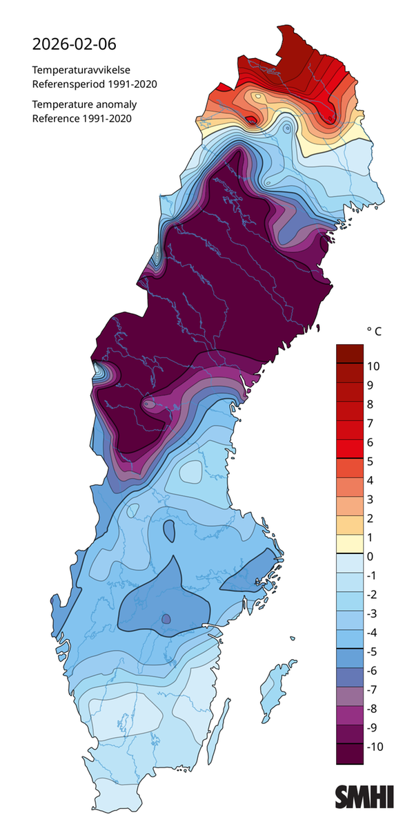 Temperaturavvikelse den 6 februari 2026 relativt normalperioden 1991-2020. Källa: SMHI.