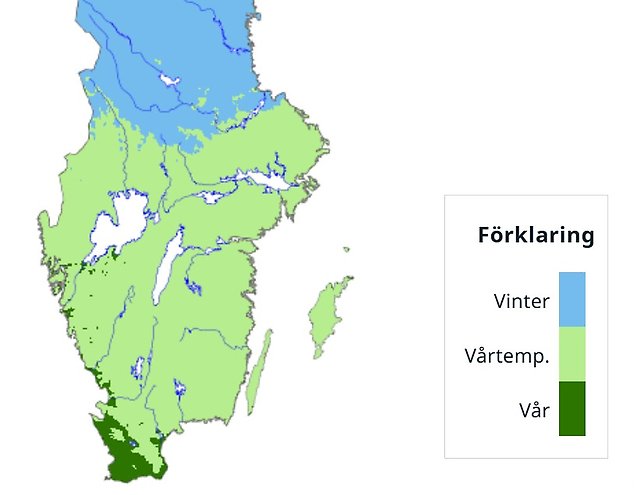 Karta över södra Sverige visar tydligt att våren har kommit till Skåne och att det är vårtemperaturer i götaland, detaljerna i texten på sidan.