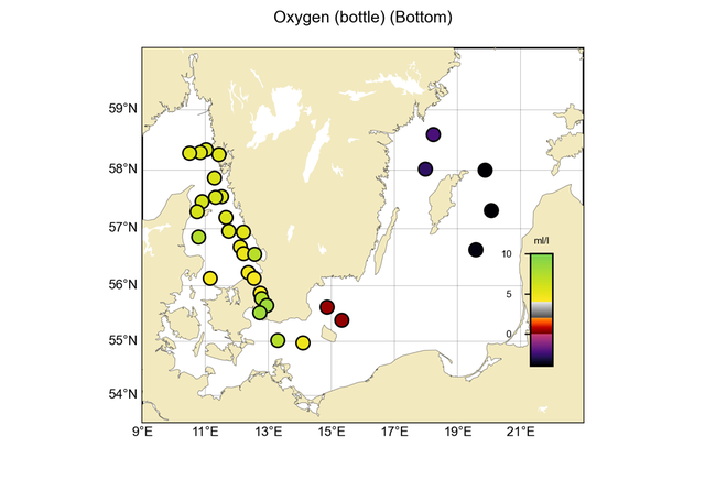 Figur: Syrekoncentrationen (ml/l) i bottenvattnet.