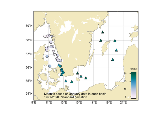 Figur: Koncentrationen (µmol/l) av silikat i ytvattnet (0-10 m).