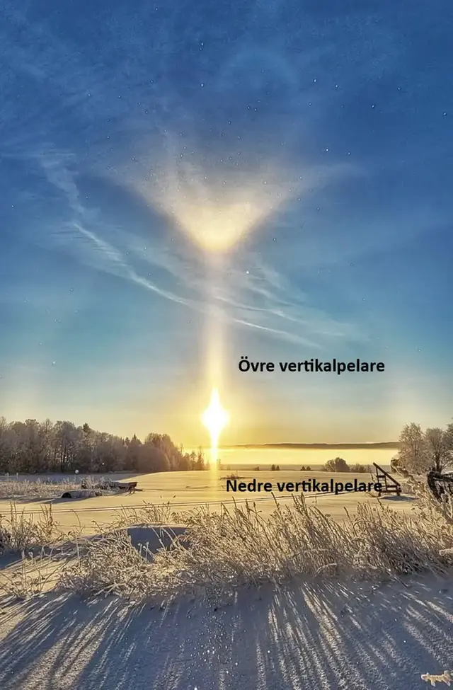 Vinterbild med olika halofenomen, bland annat övre och undre vertikalpelare.
