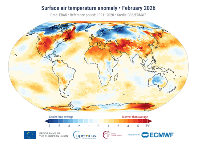 Karta över världen som visar avvikelse i temperaturen för februari 2026.
