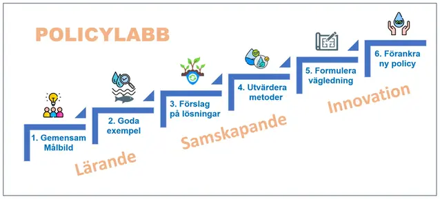 Illustration av en trappa i sex steg. varje steg motsvarar en del av policylabb-processen.