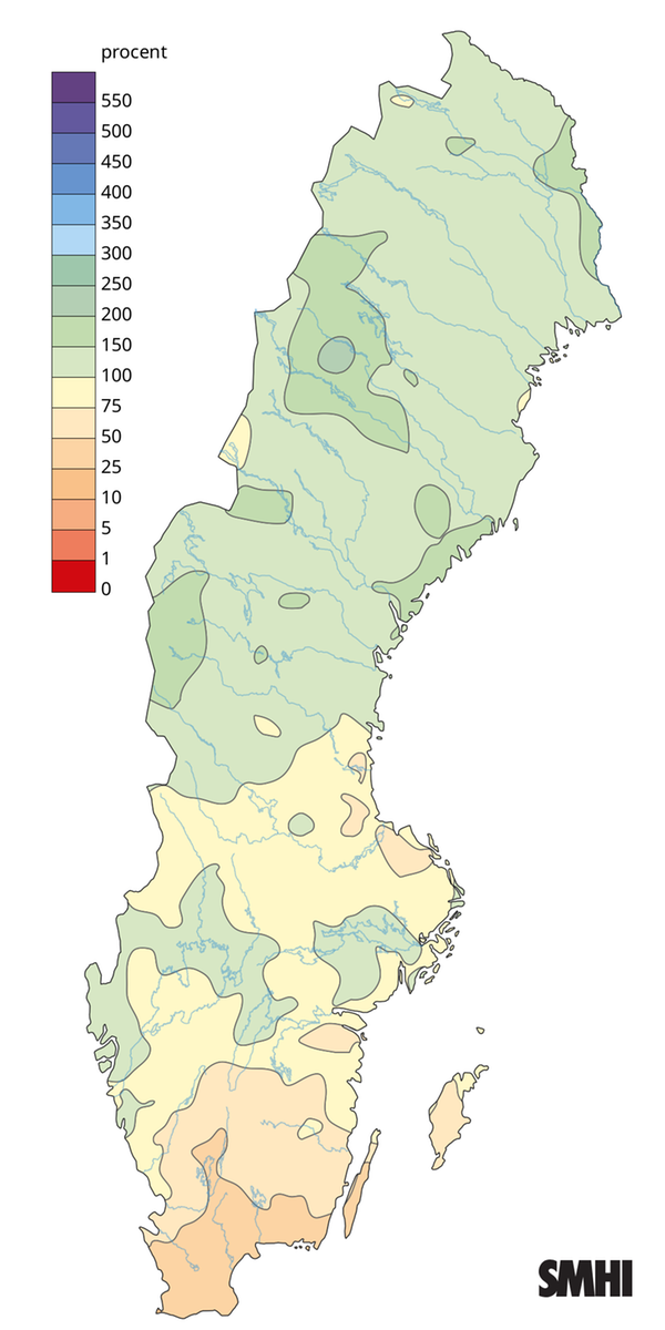 Nederbörden i procent av normalperioden 1991-2020 för december 2025.