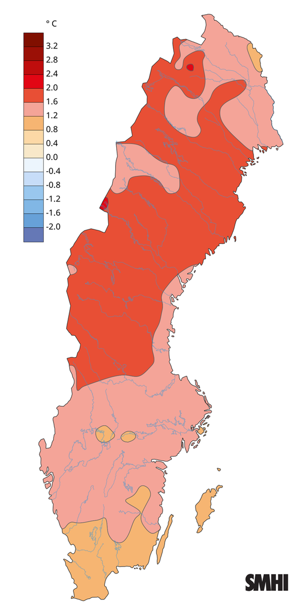 Bilden visar en karta med årsmedeltemperaturens avvikelse från det normala under år 2025.