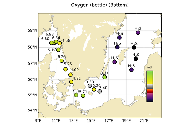 Figur: Syrekoncentrationen (ml/l) i bottenvattnet.
