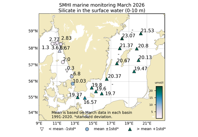 Figur: Koncentrationen (µmol/l) av silikat i ytvattnet (0-10 m).