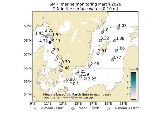 Karta som visar koncentrationen (µmol/l) av oorganiskt kväve i ytvattnet (0-10 m).