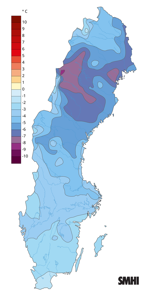 Medeltemperaturens avvikelse från normalperioden 1991-2020 för februari 2026.