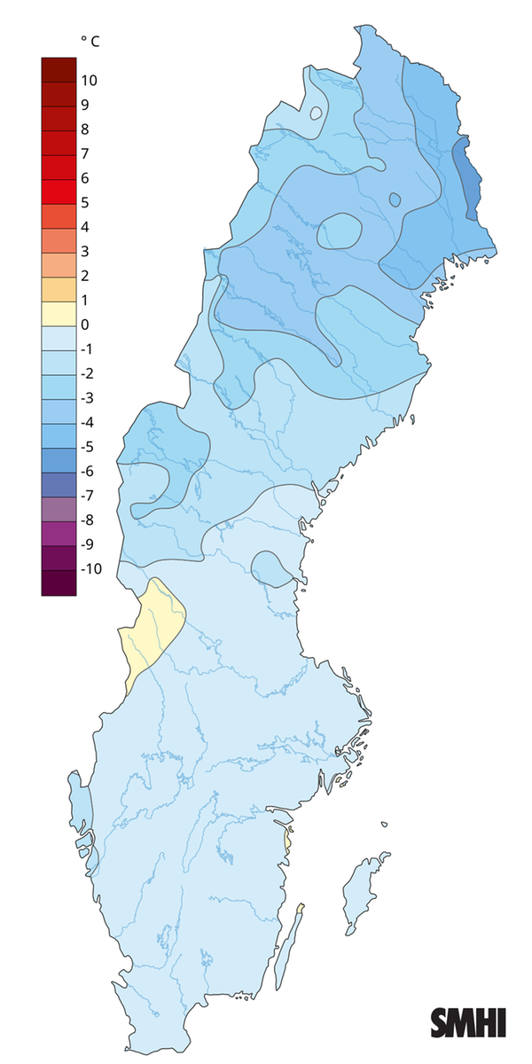 Medeltemperaturens avvikelse från normalperioden 1991-2020 för vintern 2026.