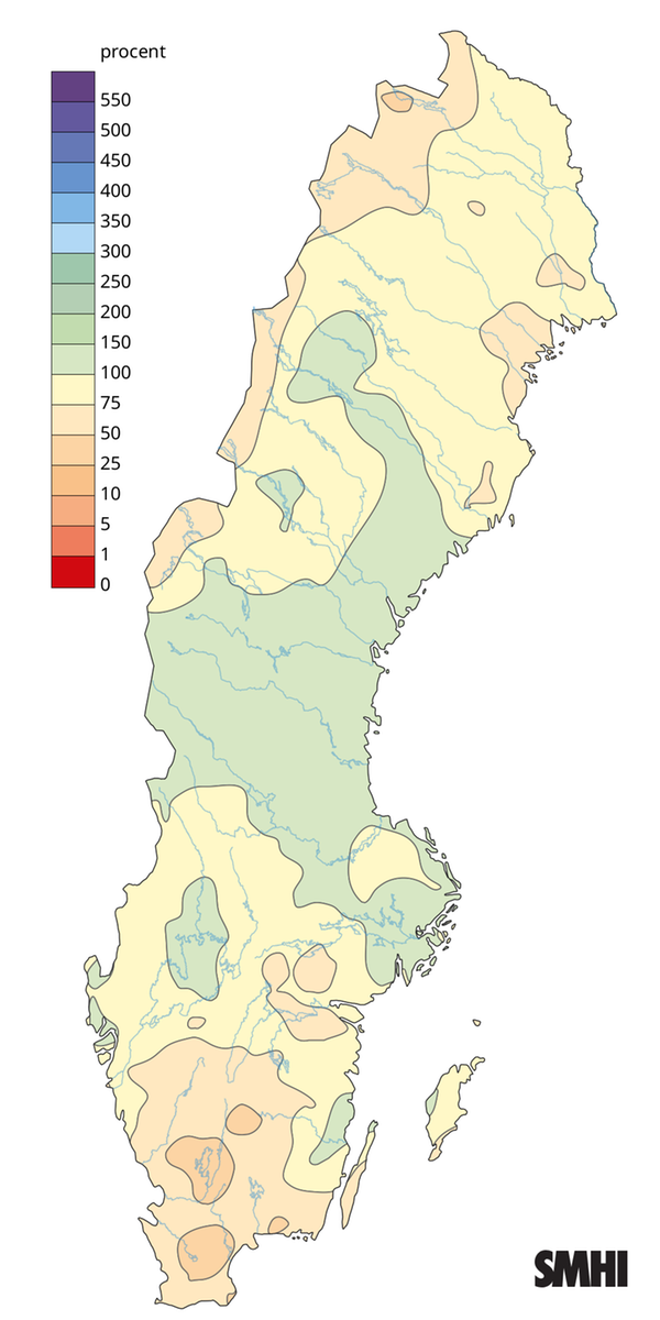 Nederbörden i procent av normalperioden 1991-2020 för vintern 2026.