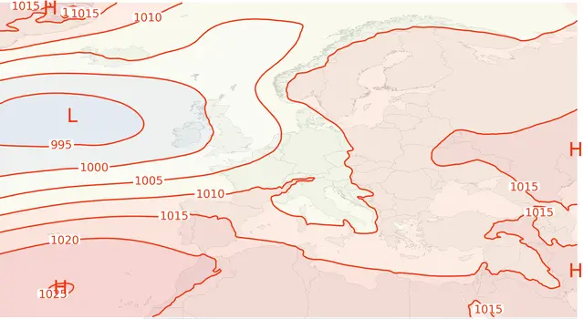 Karta med medellufttrycket i Europa i februari 2026.
