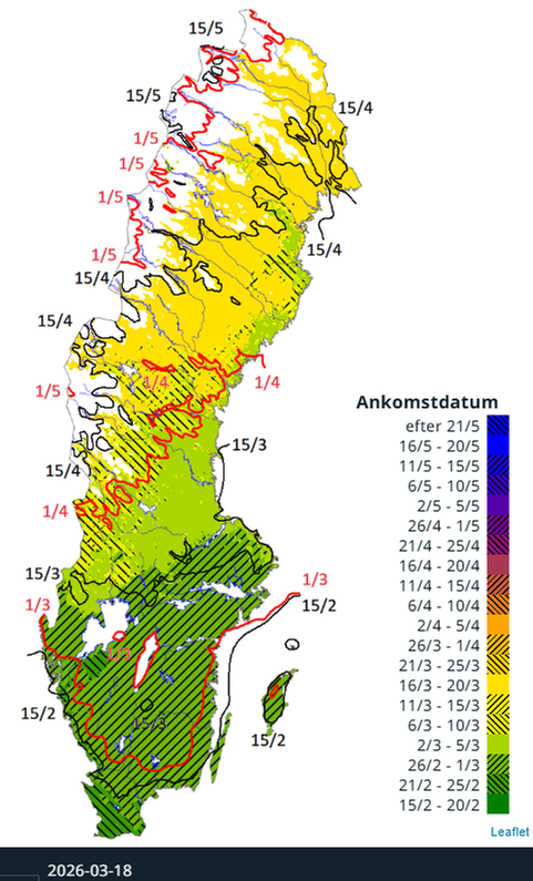 Fram till den 18 mars 2026 hade den meteorologiska våren nått upp till delar av till nordligaste Lappland vilket är klart före den normala tidtabellen, referensperiod 1991-2020.