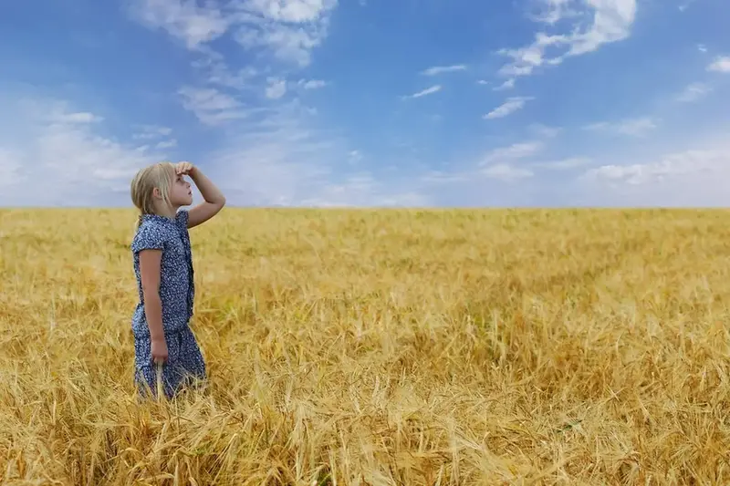 Flicka står i ett sädesfält och blickar framåt.