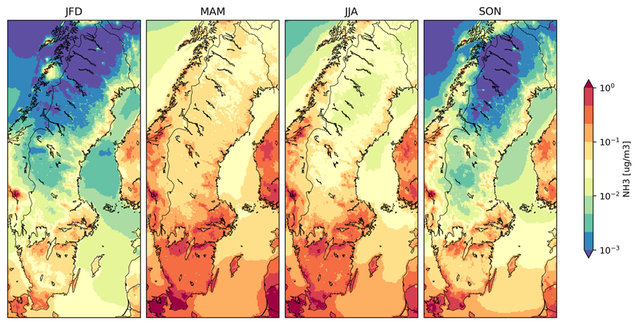 Four maps show seasonal mean concentrations of ammonia in Sweden for 2019, modelled using MATCH. Concentrations are higher in spring and summer (the two middle panels) than in winter (left) and autumn (right). 