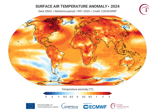 Medeltemperaturens avvikelse från normalperioden 1991–2020 för år 2024.