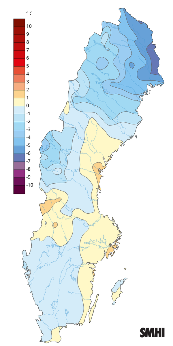 Medel­temperaturens avvikelse från den normala under januari 2026. Referensnormal­period 1961-1990.