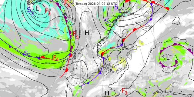 Karta över Nordatlanten och Nordeuropa med en analys av väderläget den 2 april 2026.