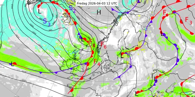Karta över Nordatlanten och Nordeuropa med en analys av väderläget den 3 april 2026.