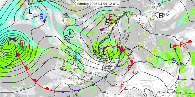 Karta över Nordatlanten och Nordeuropa med en analys av väderläget den 5 april 2026.