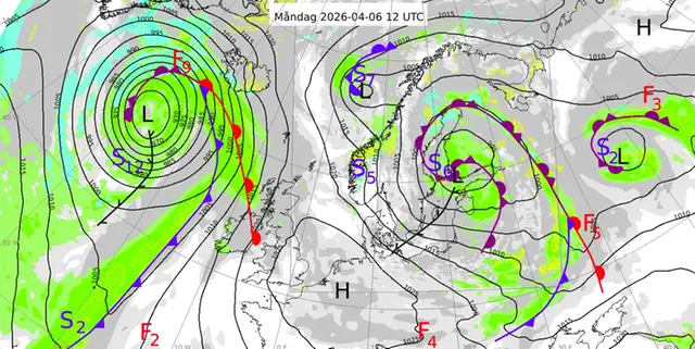 Karta över Nordatlanten och Nordeuropa med en analys av väderläget den 6 april 2026.