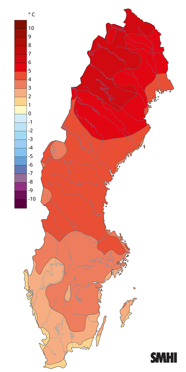 Medeltemperaturens avvikelse från normalperioden 1991-2020 för mars 2026.