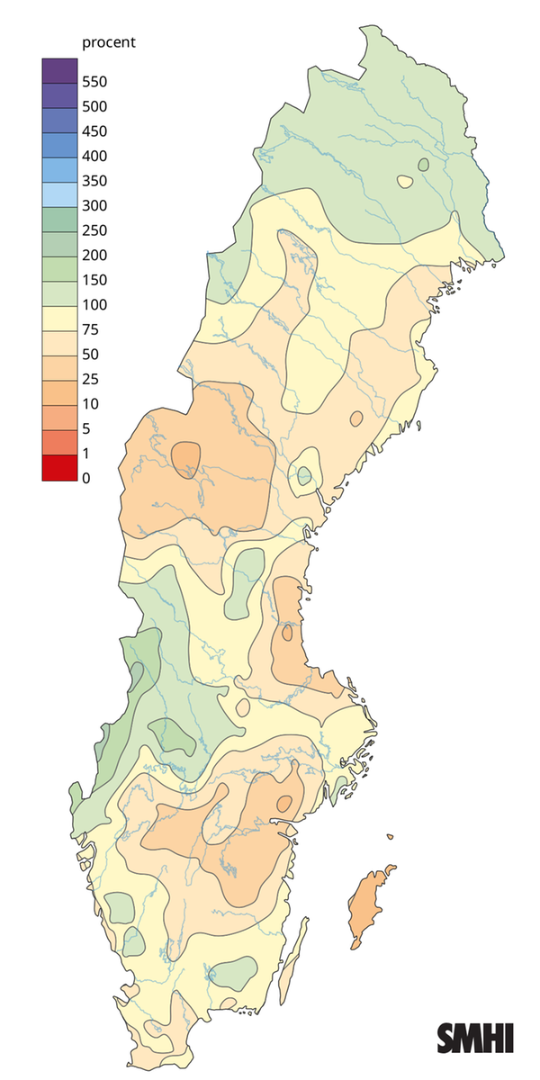 Nederbörden i procent av normalperioden 1991-2020 för mars 2026.