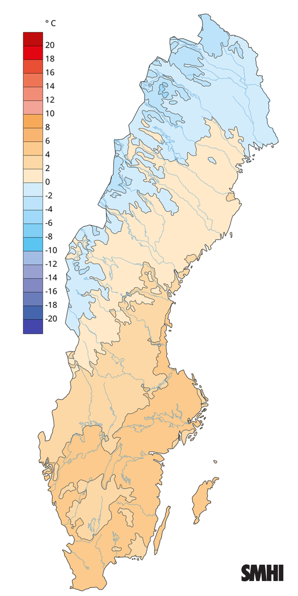 Månadsmedeltemperaturen under mars 2026.
