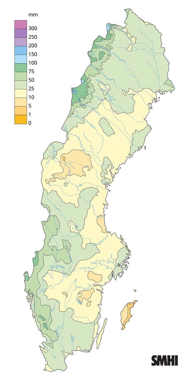 Nederbördssumma under mars 2026.