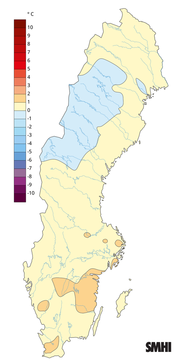 Medeltemperaturens avvikelse från normalperioden 1991-2020 för sommaren 2026.