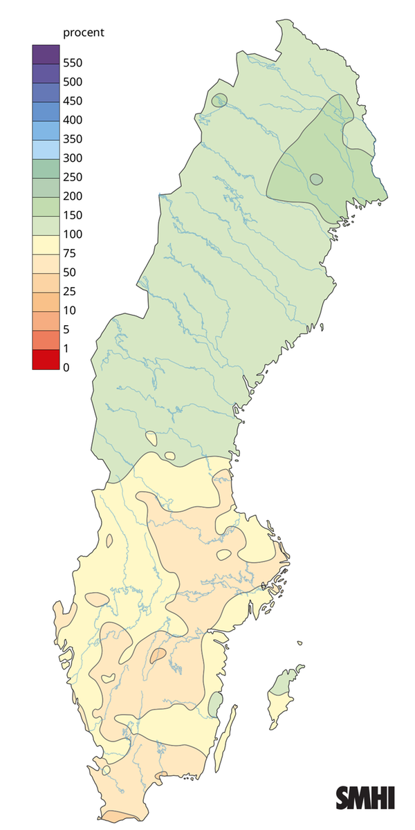 Nederbörden i procent av det normala under sommaren 2026.