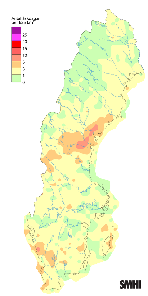 Antal åskdagar under augusti 2026.