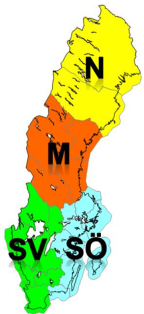En karta som visar en uppdelning av Sverige i fyra olika delar, nordliga (Norrbotten och Västerbotten), mellersta (Jämtland, Dalarna, Västernorrland, Gävleborg) sydvästra (Värmland, Västra Götaland, Halland, Örebro, Skåne, Kronoberg, Jönköping) och sydöstra (Uppsala, Västmanland, Stockholm, Kalmar, Gotland, Östergötland, Sörmland), uppdelningen används i tabellen för återkomsttider.