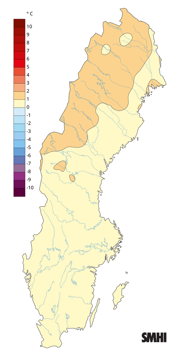 Medeltemperaturens avvikelse från normalperioden 1991-2020 för sommaren 2025.