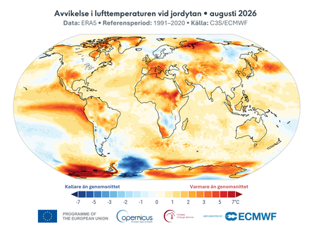 Världskarta med avvikelse från normal medeltemperatur i augusti 2026.