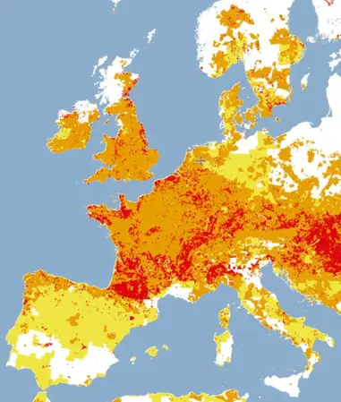 Karta över Europa som visar de drabbade områdena.