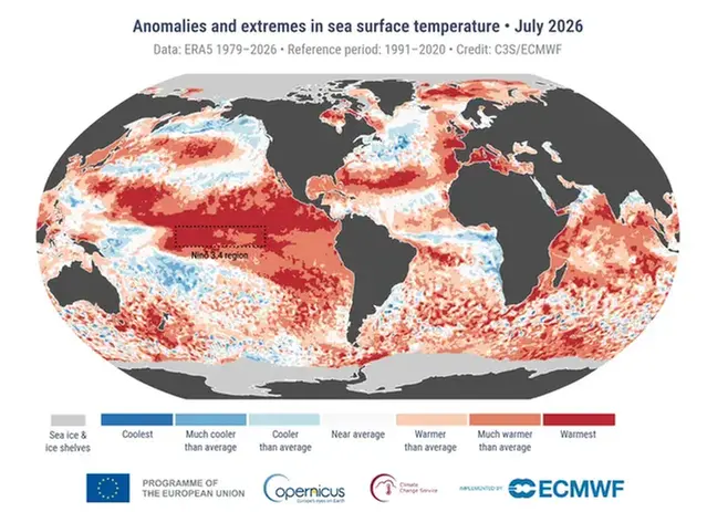 Avvikelse i havsytetemperatur juli 2026