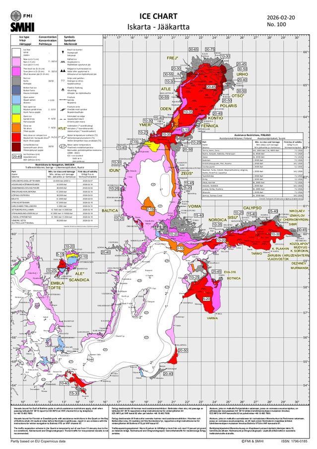 Iskartan från den 20 februari 2026, då denna vinters största isutbredning inträffade. Totalt var nära 181 000 km2 täckt med is.