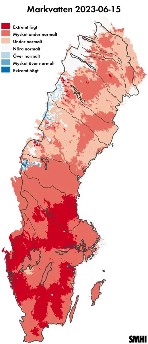 Kartan visar beräknad markvattenhalt 15 juni 2023 jämfört med medelvärdet för samma dag sedan 1981.