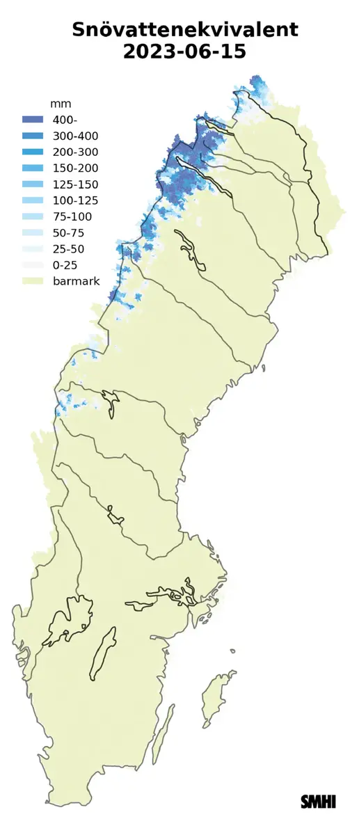 Karta över snötäckets beräknade vattenvärde 15 juni 2023.