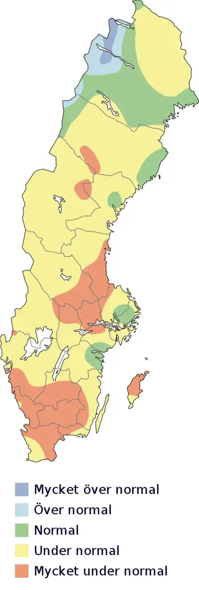 Karta över grundvattensituationen i små magasin, slutet av juni 2023 enligt SGU.